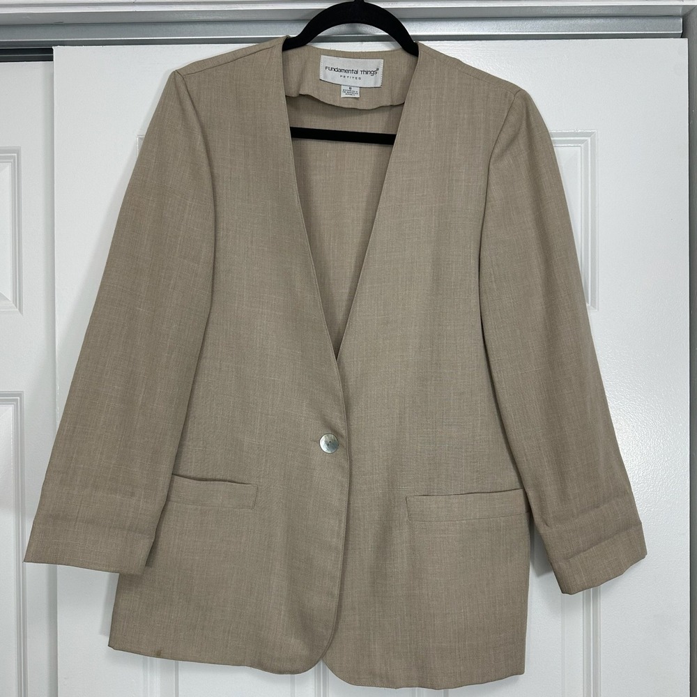 Fundamental Things Petites Beige Linen Blend Blazer V-Neck Single Button Size 8